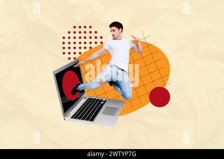 Collage créatif image jeune homme funky danseur de vol écran d'ordinateur portable technologie moderne connexion Internet de dispositif numérique Banque D'Images