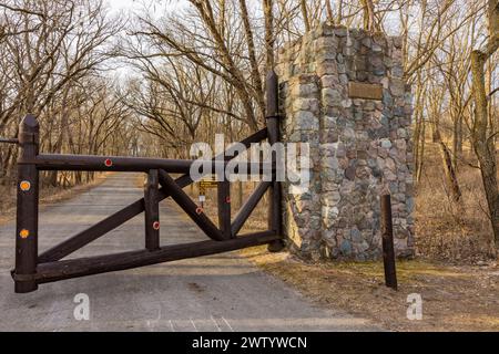 Porte d'entrée pour Pilot Knob State Park, construit par le CCC dans les années 1930, Iowa, États-Unis Banque D'Images