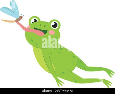 Sauter grenouille capture voler dans l'air avec la langue. Animal drôle Illustration de Vecteur