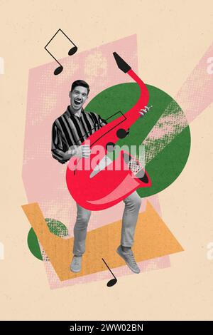 Collage vertical image jeune homme heureux debout saxophone acoustique lecteur d'instrument de musique hobby performance d'artiste professionnel Banque D'Images