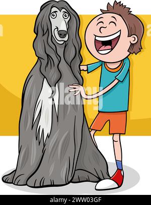 Illustration de dessin animé de personnage de garçon drôle avec son chien de chien de chien afghan Illustration de Vecteur