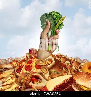 Lutte pour manger des aliments naturels sains et la difficulté à vivre une vie nutritive lorsqu'ils sont entourés de tentant gras riches en gras et en cholestérol s Banque D'Images