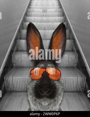 lapin dans des lunettes de soleil sur un fond gris Banque D'Images