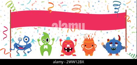 Des monstres drôles tiennent une bannière vide. Modèle de fête de vacances Illustration de Vecteur
