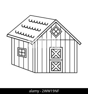 Noir blanc petit contour maison en bois ou grange, la porte est fermée. Illustration isolée dessinée à la main vectorielle pour livre de coloriage Illustration de Vecteur