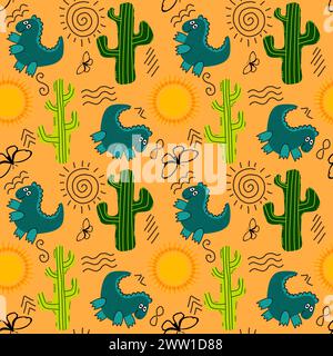 Désert d'été sans couture animaux dinosaures cactus et motif de soleil pour l'emballage du papier et des tissus et des draps et des enfants impression et emballage festif et partie Banque D'Images