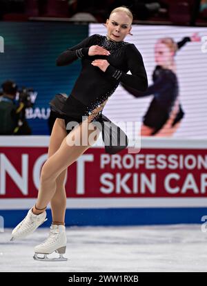 Montréal, Canada. 20 mars 2024. Nataly Langerbaur, d’Estonie, participe au programme court féminin aux Championnats du monde de patinage artistique de l’Union internationale de patinage artistique (ISU) au Centre Bell de Montréal, Canada, le 20 mars 2024. Crédit : Andrew Soong/Xinhua/Alamy Live News Banque D'Images