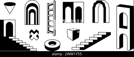 Définir les escaliers et les arcs. Collection d'éléments géométriques surréalistes noir et blanc. porte d'arc de perspective 3d, échelle, escalier, faisceau de portail. Formes rétro pour collage, affiche, bannière. Pack d'art vectoriel Illustration de Vecteur