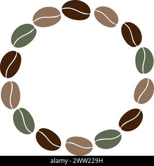 Cadre rond de grains de café multicolores en marron et vert tendance. Copier l'espace. Modèle de lettrage. Salutations ou concept de toile de fond. Isoler. EPS. Vecteur pour cartes, affiche, bannière, brochure ou web, tag Illustration de Vecteur