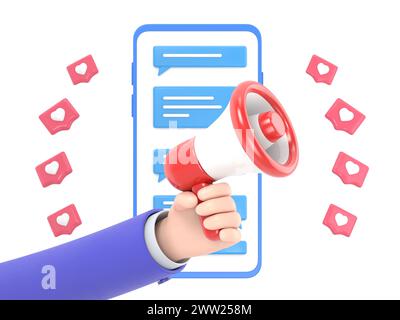 Poster une alerte d'information de la main avec mégaphone ou haut-parleur sur un téléphone avec PIN like. Bande dessinée plate annoncer la bannière de notification Sign.rendu 3D o Banque D'Images