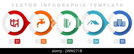 Modèle infographique de conception plate de service à domicile, symboles divers tels que tuyau, robinet, toit et gouttière, maison et bâtiment, collection d'icônes vectorielles Illustration de Vecteur