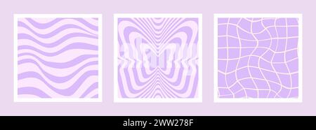 Ensemble de fonds abstraits groovy. Des décors hippie. Esthétique Y2K. Motif torsadé dans des couleurs violettes. Illustration vectorielle rétro psychédélique. Damier Illustration de Vecteur
