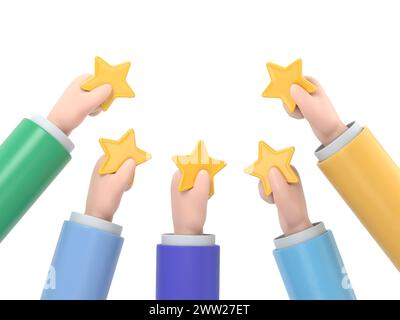 Personnages de personnes qui donnent un feedback cinq étoiles. Les clients qui choisissent le taux de satisfaction et laissent un avis positif. Service client et expérience utilisateur Co Banque D'Images