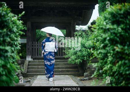 Une femme en kimono marchant sur un chemin avec un parapluie Banque D'Images