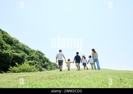 Vue arrière de la famille marchant ensemble dans le parc Banque D'Images