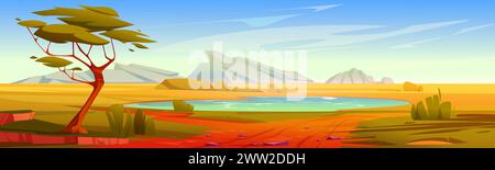 Paysage de savane africaine avec l'arbre d'acacia, l'eau dans le lac et les montagnes de pierre à l'horizon. Paysage désertique africain avec nature et route. Illustration vectorielle de dessin animé du panorama safari sauvage. Illustration de Vecteur