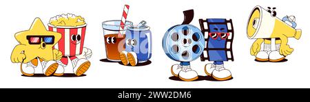 Personnage de film de cinéma et icône de film popcorn mignon. Vecteur de nourriture et de collation de théâtre. Mascotte hollywoodienne et cassette vidéo drôle dans des lunettes. Mégaphone heureux isolé, pop corn et soda design avec visage Illustration de Vecteur