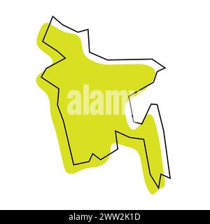 Carte simplifiée du Bangladesh. Silhouette verte avec contour noir mince isolé sur fond blanc. Icône vectorielle simple Illustration de Vecteur