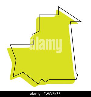 Mauritanie carte simplifiée du pays. Silhouette verte avec contour noir mince isolé sur fond blanc. Icône vectorielle simple Illustration de Vecteur