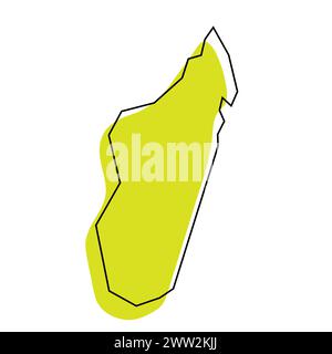 Madagascar carte simplifiée du pays. Silhouette verte avec contour noir mince isolé sur fond blanc. Icône vectorielle simple Illustration de Vecteur