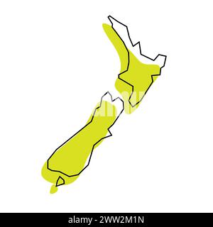 Carte simplifiée du pays de Nouvelle-Zélande. Silhouette verte avec contour noir mince isolé sur fond blanc. Icône vectorielle simple Illustration de Vecteur