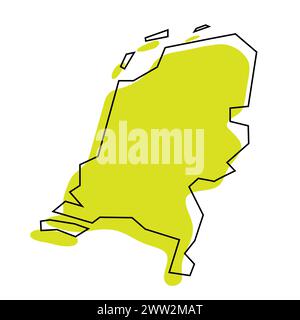 Carte simplifiée des pays-Bas. Silhouette verte avec contour noir mince isolé sur fond blanc. Icône vectorielle simple Illustration de Vecteur