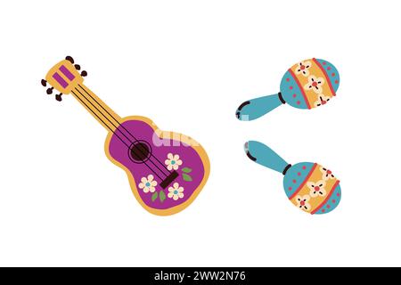 Guitare mexicaine et maracas mis en place pour les vacances. Illustration vectorielle peut être utilisée pour la bannière de vacances cinco de Mayo, carte de voeux, cartes mexicaines. Illustration de Vecteur