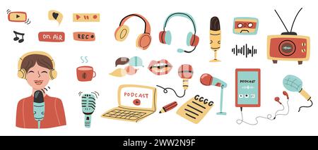 Eléments Podcast dessinés à la main avec équipement audio et femme dans un style plat. Microphone, ordinateur portable, écouteurs, téléphone et écouteurs. Équipement multimédia pour Illustration de Vecteur