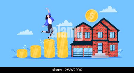 Hypothèque économiser de l'argent pour acheter un concept d'entreprise de conception de style appartement de maison. Investissement immobilier ou prêt hypothécaire. Femme d'affaires grimpe l'argent Illustration de Vecteur