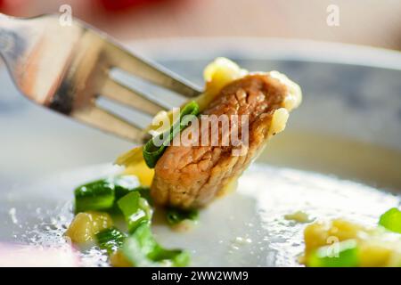 Morceau de steak avec brochette de fromage sur la fourchette, jeunes pousses d'oignon vert sur l'assiette, gros plan. Banque D'Images