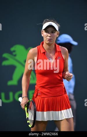 KEY BISCAYNE, FL - 23 MARS : Caroline Wozniacki du Danemark en action contre Varvari Lepchenko des États-Unis au Crandon Park Tennis Center le 23 mars 2017 à Key Biscayne, Floride. Personnes : Caroline Wozniacki Banque D'Images