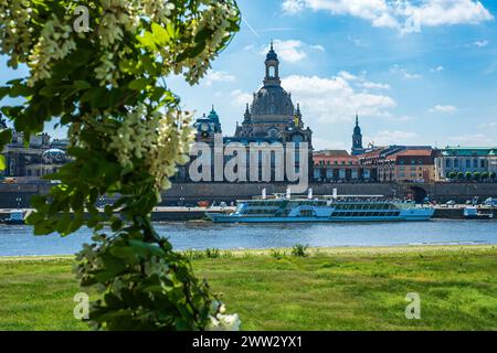 Église Frauenkirche et terrasse de Brühl vues des rives opposées de l'Elbe, Dresde, Saxe, Allemagne. Banque D'Images