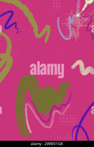 Fond rose avec des échantillons de peinture vert et violet, illustration de conception de fond abstrait Banque D'Images