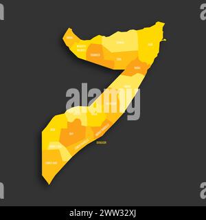 Somalie carte politique des divisions administratives - états fédéraux. Carte vectorielle plate d'ombre jaune avec étiquettes de nom et ombre déposée isolée sur fond gris foncé. Illustration de Vecteur