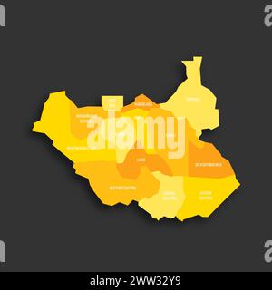 Carte politique du Soudan du Sud des divisions administratives - états, zones administratives et zone avec statut administratif spécial. Carte vectorielle plate d'ombre jaune avec étiquettes de nom et ombre déposée isolée sur fond gris foncé. Illustration de Vecteur