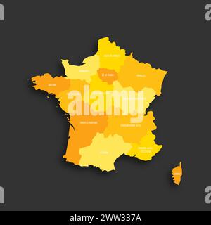 France carte politique des divisions administratives - régions. Carte vectorielle plate d'ombre jaune avec étiquettes de nom et ombre déposée isolée sur fond gris foncé. Illustration de Vecteur