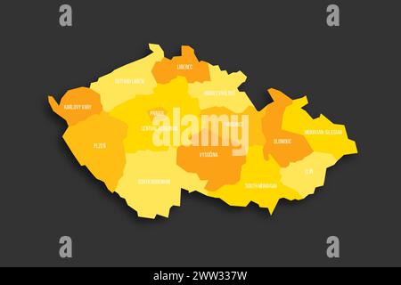 République tchèque carte politique des divisions administratives - régions. Carte vectorielle plate d'ombre jaune avec étiquettes de nom et ombre déposée isolée sur fond gris foncé. Illustration de Vecteur