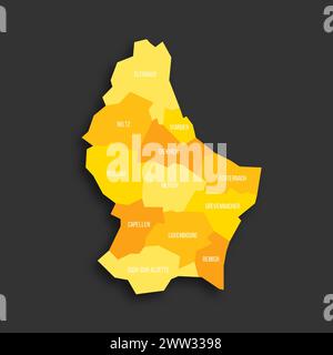 Luxembourg carte politique des divisions administratives - cantons. Carte vectorielle plate d'ombre jaune avec étiquettes de nom et ombre déposée isolée sur fond gris foncé. Illustration de Vecteur