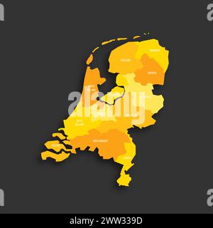 Pays-Bas carte politique des divisions administratives - provinces. Carte vectorielle plate d'ombre jaune avec étiquettes de nom et ombre déposée isolée sur fond gris foncé. Illustration de Vecteur