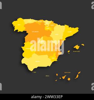 Espagne carte politique des divisions administratives - communautés autonomes et villes autonomes de Ceuta et Melilla. Carte vectorielle plate d'ombre jaune avec étiquettes de nom et ombre déposée isolée sur fond gris foncé. Illustration de Vecteur