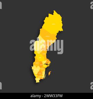 Suède carte politique des divisions administratives - comtés. Carte vectorielle plate d'ombre jaune avec étiquettes de nom et ombre déposée isolée sur fond gris foncé. Illustration de Vecteur