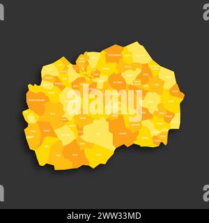 Macédoine du Nord carte politique des divisions administratives - municipalités. Carte vectorielle plate d'ombre jaune avec étiquettes de nom et ombre déposée isolée sur fond gris foncé. Illustration de Vecteur