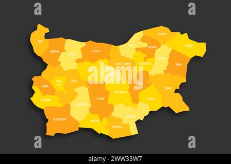 Bulgarie carte politique des divisions administratives - provinces et régions. Carte vectorielle plate d'ombre jaune avec étiquettes de nom et ombre déposée isolée sur fond gris foncé. Illustration de Vecteur