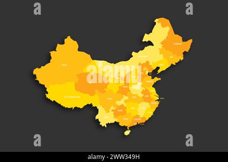 Chine carte politique des divisions administratives - provinces, régions autonomes et municipalités. Carte vectorielle plate d'ombre jaune avec étiquettes de nom et ombre déposée isolée sur fond gris foncé. Illustration de Vecteur