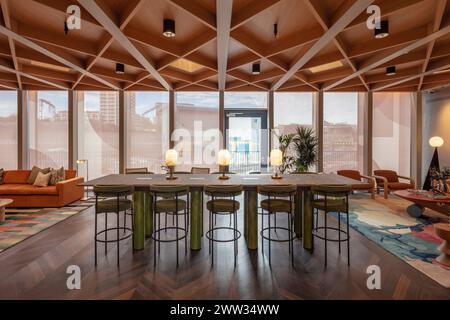 Espace de vie commun avec des sièges joliment décorés et des œuvres d'art exposées. Auteur, Londres, Royaume-Uni. Architecte : Conran & Partners, 2023. Banque D'Images