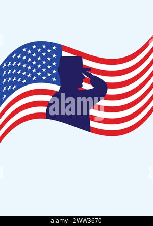 Silhouette de l'homme militaire vue de côté donnant le salut militaire à la parade dédiée à la Journée des vétérans. Contour du soldat en uniforme. Affiche de fête a Illustration de Vecteur