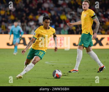 Sydney, Australie. 20 mars 2024 le buteur australien Keanu Baccus lors du match de qualification de la Coupe du monde AFC Australie - Liban. Crédit : Kleber Osorio/Alamy Live News Banque D'Images