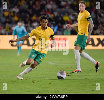 Sydney, Australie. 20 mars 2024 le buteur australien Keanu Baccus lors du match de qualification de la Coupe du monde AFC Australie - Liban. Crédit : Kleber Osorio/Alamy Live News Banque D'Images