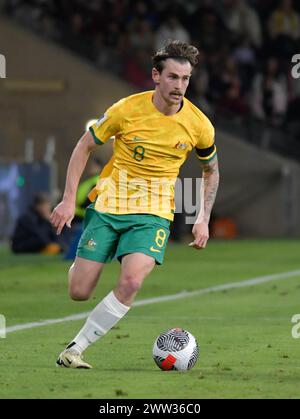 Sydney, Australie. 20 mars 2024 Connor Metcalfe lors du match de qualification de la Coupe du monde AFC Australie - Liban. Crédit : Kleber Osorio/Alamy Live News Banque D'Images