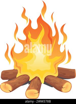 Flamme de feu de camp. Feu de joie de dessin animé avec des bûches de bois de chauffage isolées sur fond blanc Illustration de Vecteur